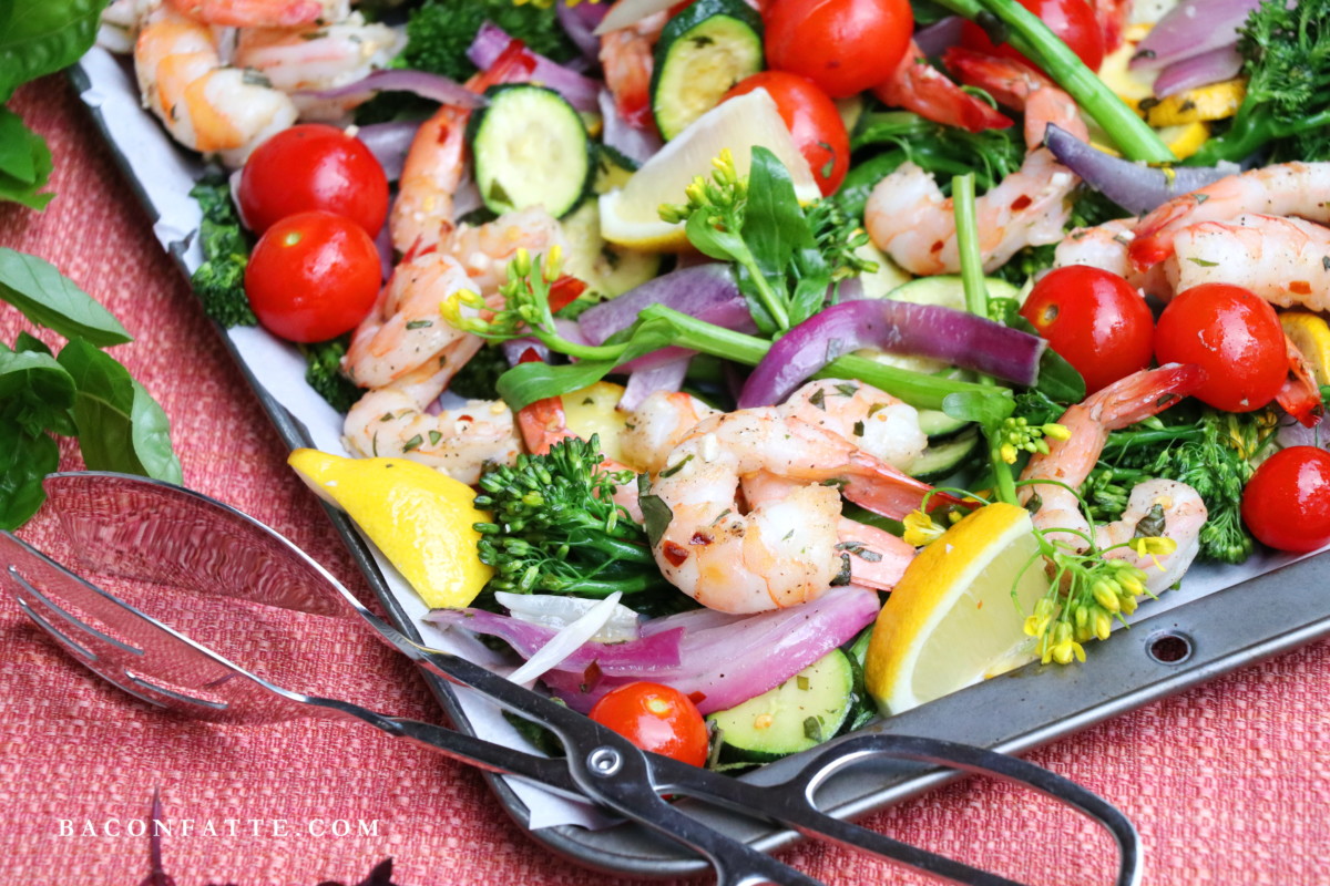 Sheet Pan Shrimp and Roasted Vegetables recipe from BaconFatte.com