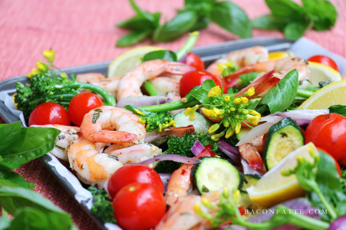 Sheet Pan Shrimp and Roasted Vegetables recipe from BaconFatte.com