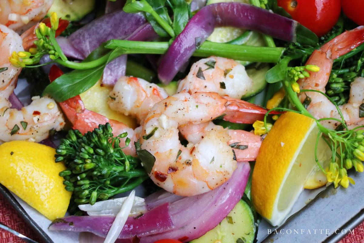 Sheet Pan Shrimp and Roasted Vegetables recipe from BaconFatte.com