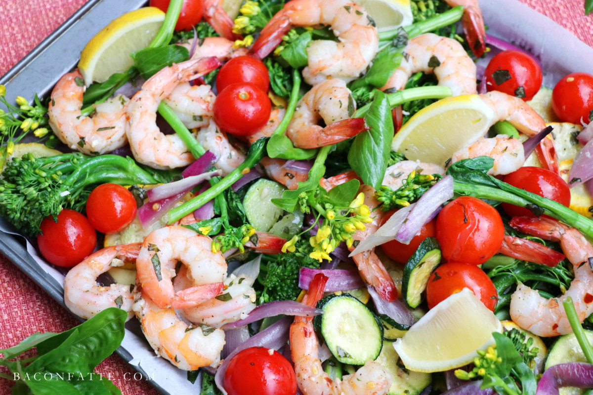 Sheet Pan Shrimp and Roasted Vegetables recipe from BaconFatte.com