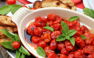 Roasted Cherry Tomatoes and Goat Cheese Spread with Fresh Basil and Balsamic Drizzle – BaconFatte.com