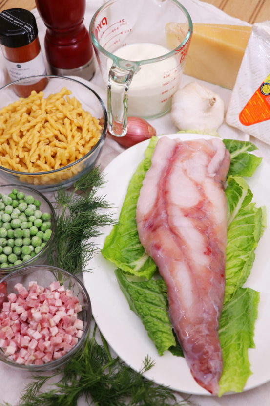 Monkfish Mac and Cheese with Peas and Pancetta recipe by BaconFatte.com